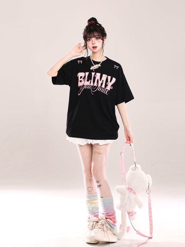 Loose Fit American-Style Letter Embroidery Short Sleeve T-Shirt for Women - Summer 2025 Korean Style, Slimming and Chic