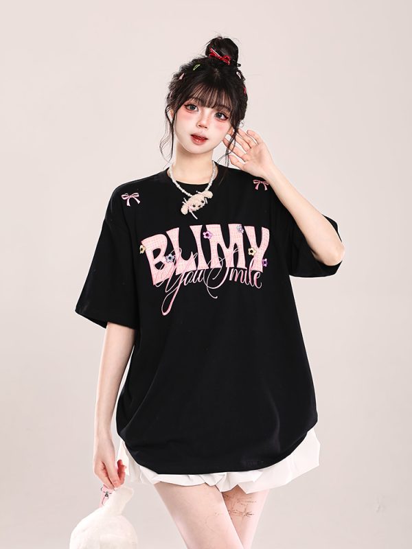Loose Fit American-Style Letter Embroidery Short Sleeve T-Shirt for Women - Summer 2025 Korean Style, Slimming and Chic