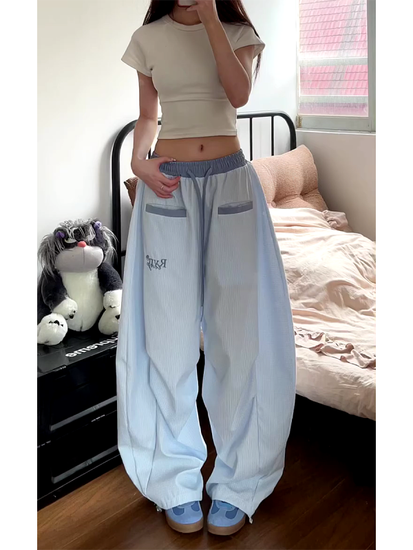 Loose Fit Striped Curved Knife Work Pants for Women - Versatile Wide-Leg Jazz Dance Casual Trousers in American Street Style
