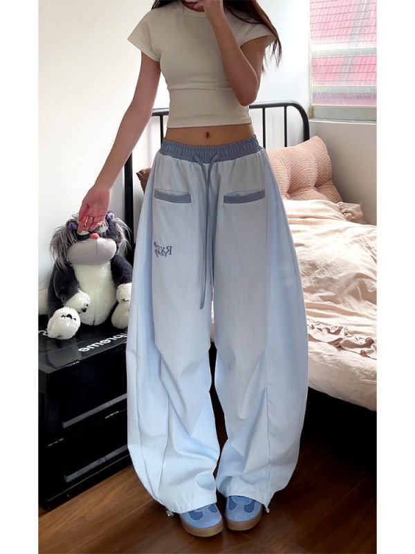 Loose Fit Striped Curved Knife Work Pants for Women - Versatile Wide-Leg Jazz Dance Casual Trousers in American Street Style