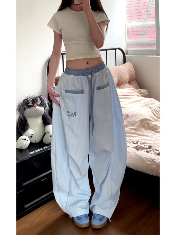 Loose Fit Striped Curved Knife Work Pants for Women - Versatile Wide-Leg Jazz Dance Casual Trousers in American Street Style
