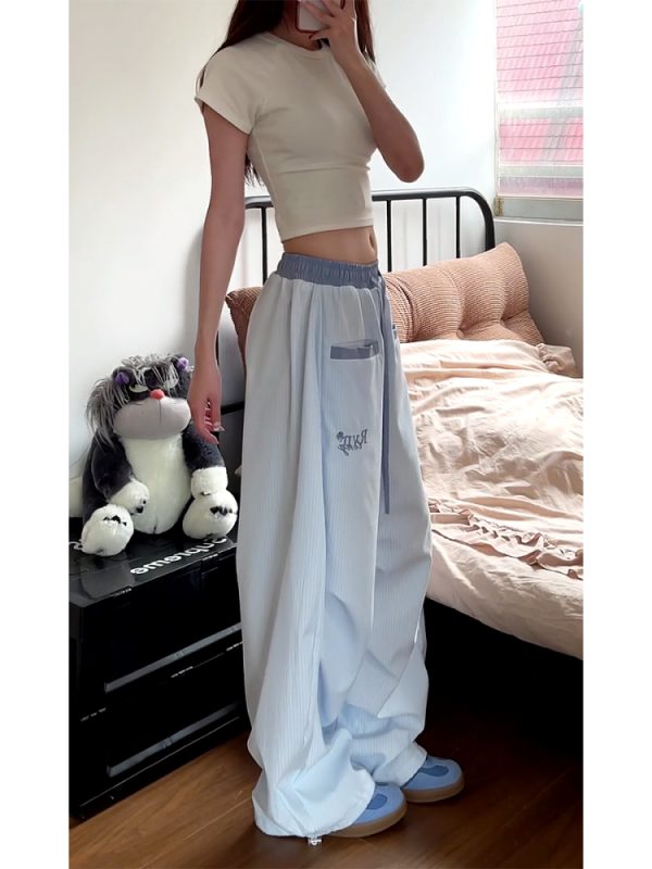 Loose Fit Striped Curved Knife Work Pants for Women - Versatile Wide-Leg Jazz Dance Casual Trousers in American Street Style