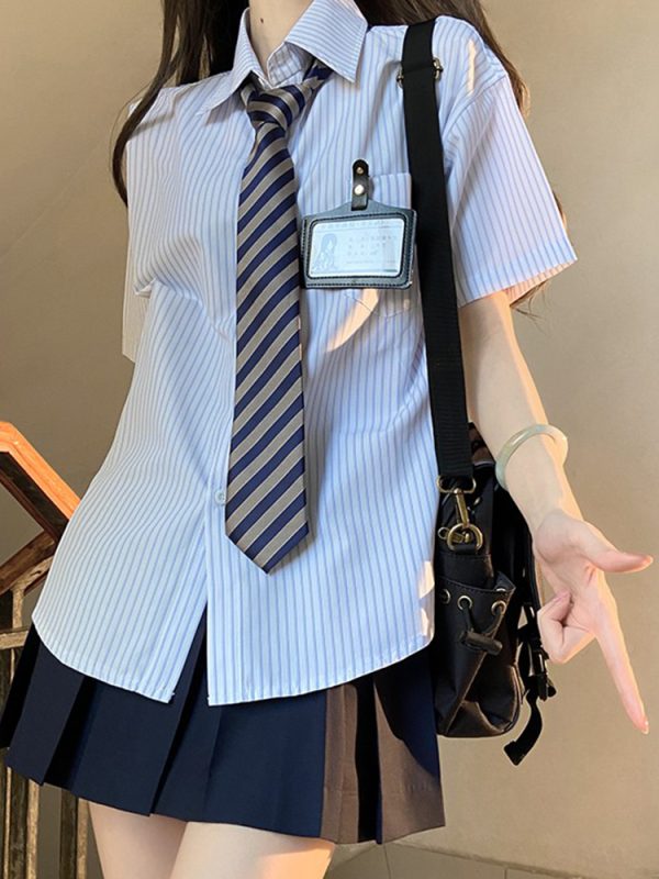 Loose Fit Striped Shirt with Tie | JK Uniform School Style Summer Blue Top for Women
