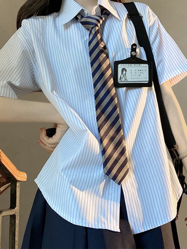 Loose Fit Striped Shirt with Tie | JK Uniform School Style Summer Blue Top for Women