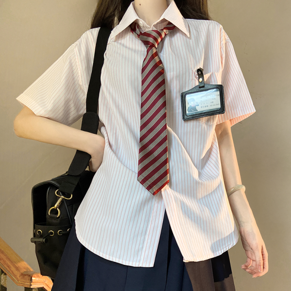 Loose Fit Striped Shirt with Tie | JK Uniform School Style Summer Blue Top for Women
