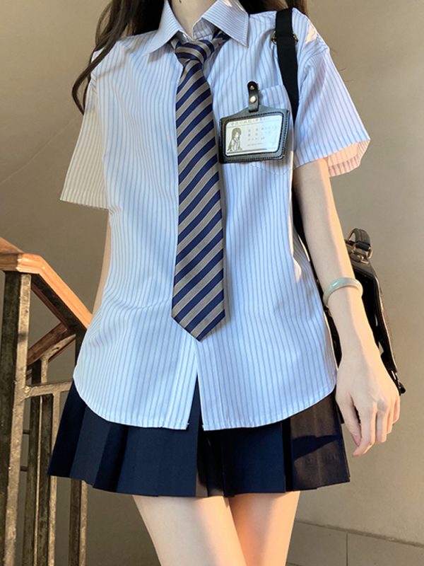 Loose Fit Striped Shirt with Tie | JK Uniform School Style Summer Blue Top for Women