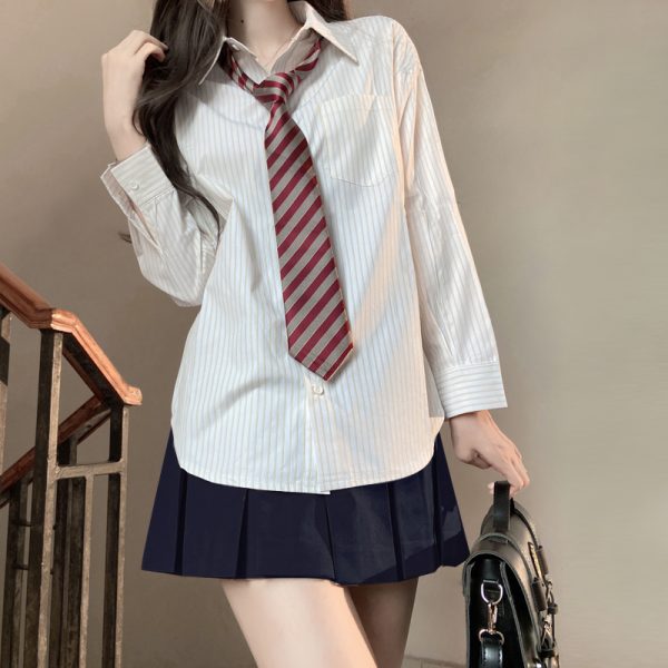 Loose Fit Striped Shirt with Tie | JK Uniform School Style Summer Blue Top for Women