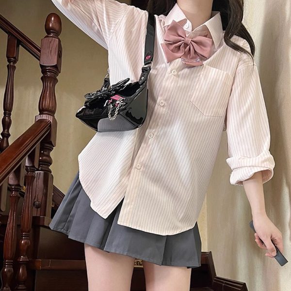 Loose Fit Striped Shirt with Tie | JK Uniform School Style Summer Blue Top for Women