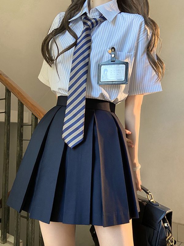 Loose Fit Striped Shirt with Tie | JK Uniform School Style Summer Blue Top for Women