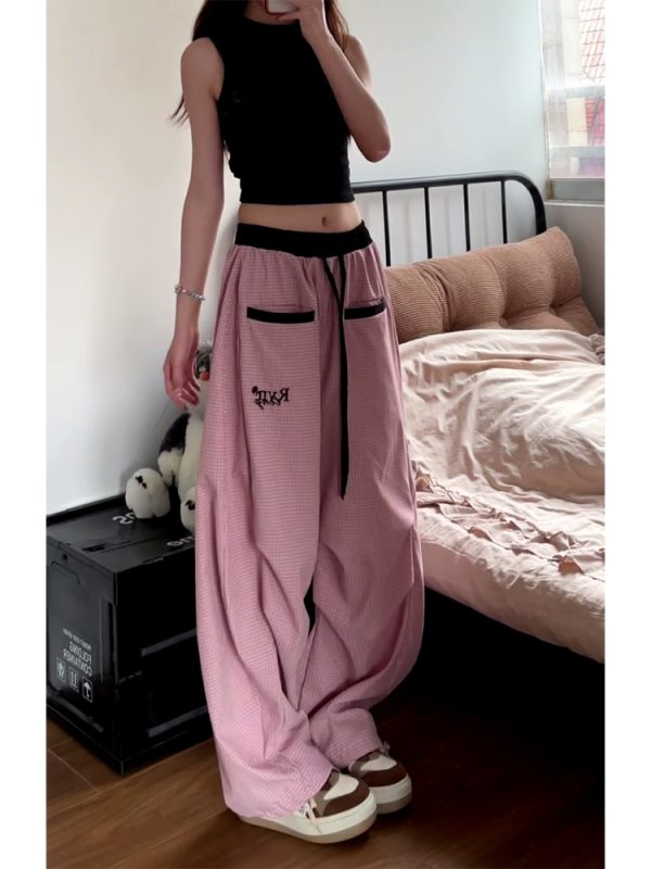 Loose Fit Vintage Plaid Work Pants for Women - Draped Wide-Leg Sports Casual Curved Design with Drawstring Elastic Waist