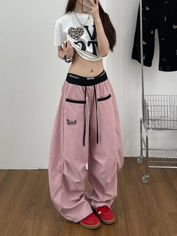 Loose Fit Vintage Plaid Work Pants for Women - Draped Wide-Leg Sports Casual Curved Design with Drawstring Elastic Waist
