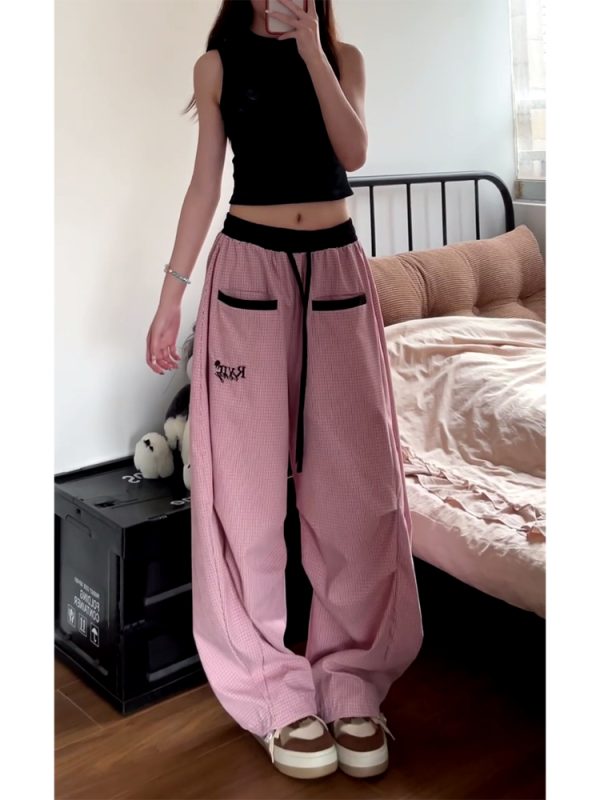 Loose Fit Vintage Plaid Work Pants for Women - Draped Wide-Leg Sports Casual Curved Design with Drawstring Elastic Waist
