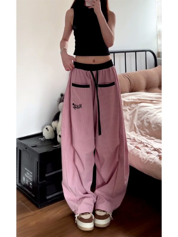 Loose Fit Vintage Plaid Work Pants for Women - Draped Wide-Leg Sports Casual Curved Design with Drawstring Elastic Waist