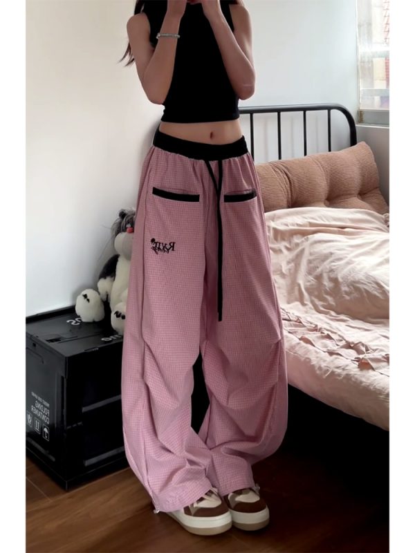 Loose Fit Vintage Plaid Work Pants for Women - Draped Wide-Leg Sports Casual Curved Design with Drawstring Elastic Waist