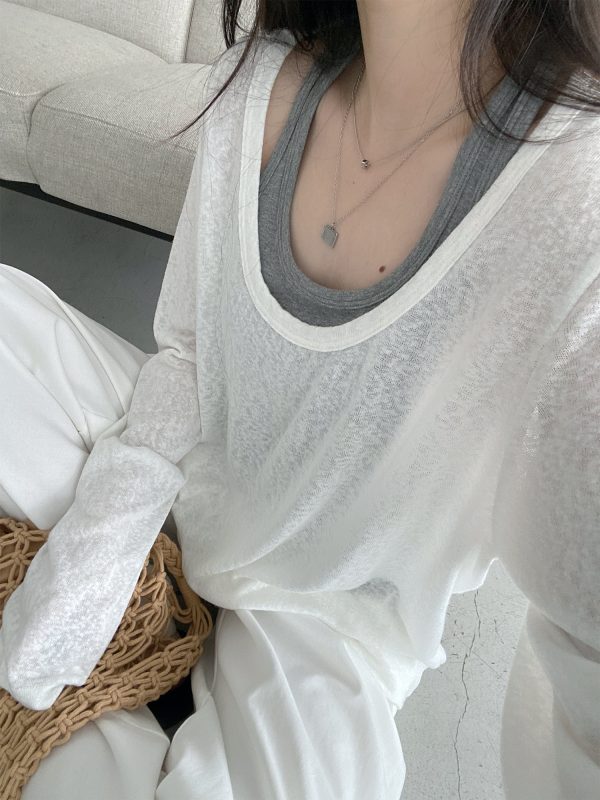 Loose Fit Wide Neckline Long Sleeve T-Shirt Cover-Up in Sun Grapefruit Coral - Relaxed Two-Piece Style for Effortless Y2K Fashion