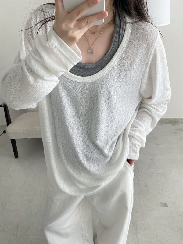 Loose Fit Wide Neckline Long Sleeve T-Shirt Cover-Up in Sun Grapefruit Coral - Relaxed Two-Piece Style for Effortless Y2K Fashion