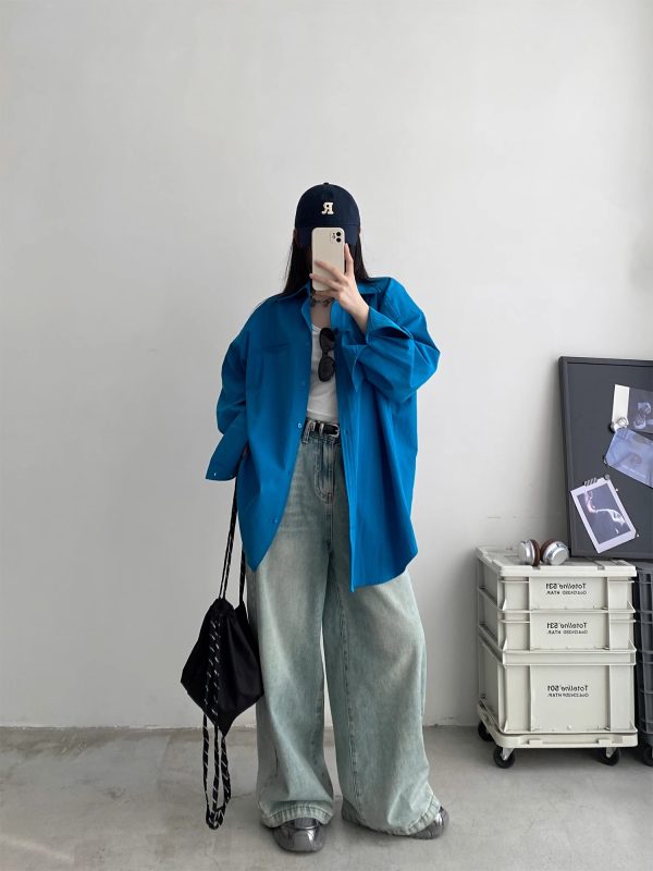Loose-Fitting Oversized Shirt in Pink and Blue - Flattering High-End Relaxed Fit for Spring and Autumn Fashion