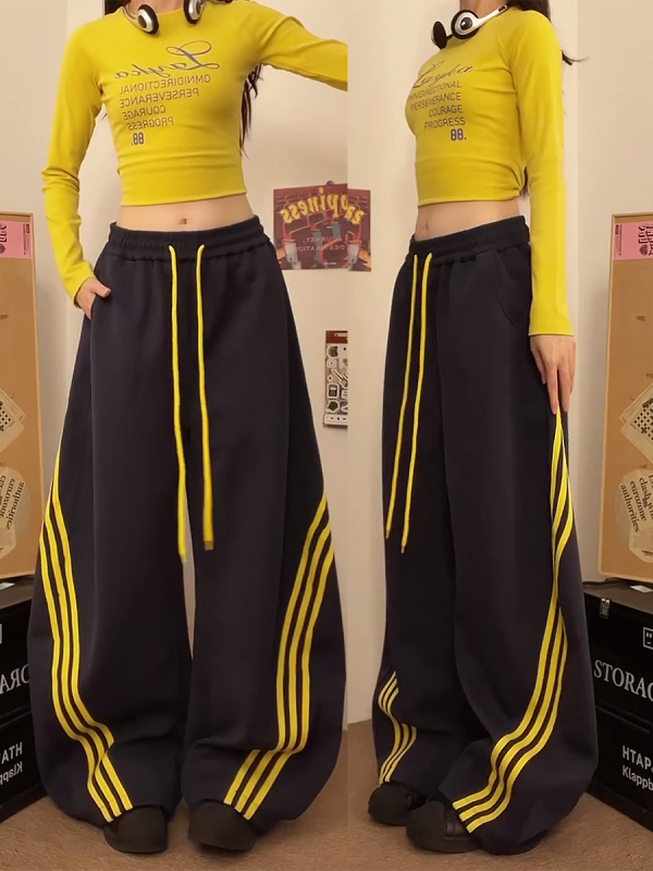 Loose-Fitting Striped Wide-Leg Work Pants for Women - Casual Spring Jazz Trousers, High Street Style