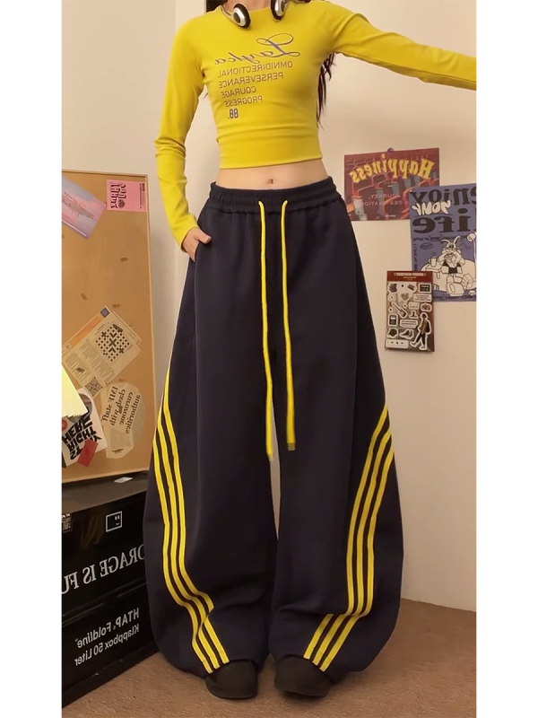 Loose-Fitting Striped Wide-Leg Work Pants for Women - Casual Spring Jazz Trousers, High Street Style