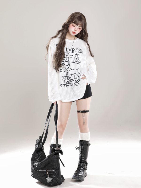 Loose Long Sleeve T-Shirt for Women - Cartoon Graffiti Design, Lightweight Summer Cover-Up, American Lazy Style, Sun Protection Outerwear