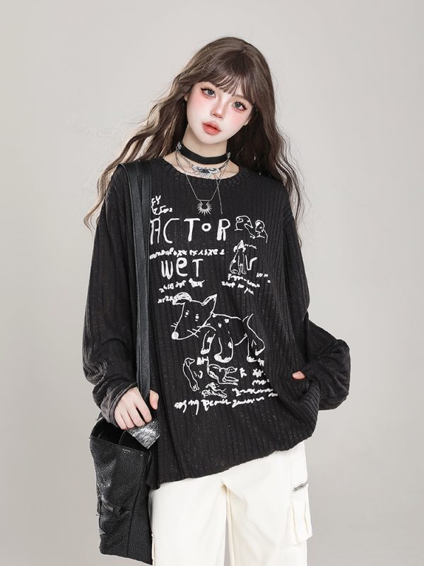 Loose Long Sleeve T-Shirt for Women - Cartoon Graffiti Design, Lightweight Summer Cover-Up, American Lazy Style, Sun Protection Outerwear