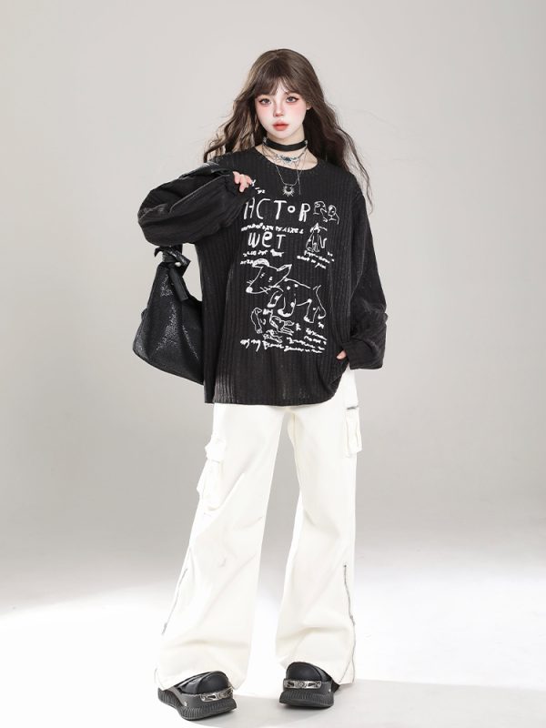 Loose Long Sleeve T-Shirt for Women - Cartoon Graffiti Design, Lightweight Summer Cover-Up, American Lazy Style, Sun Protection Outerwear