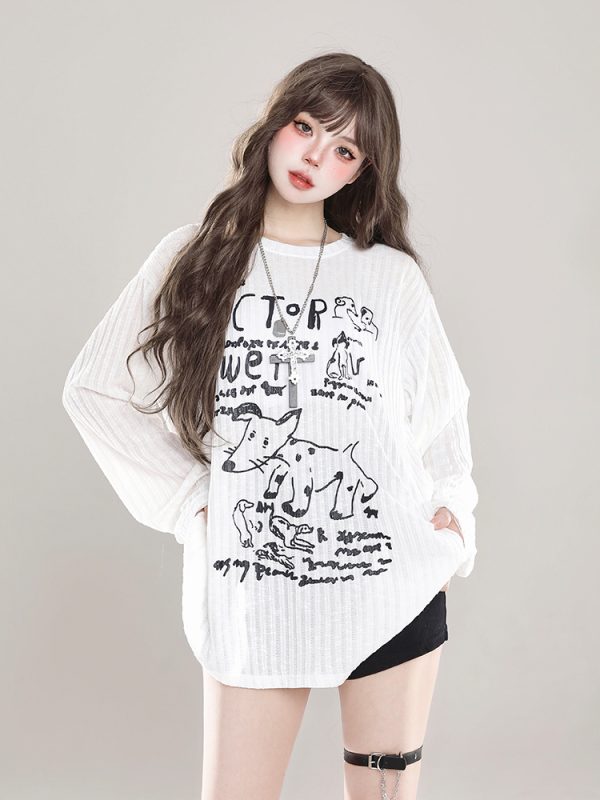 Loose Long Sleeve T-Shirt for Women - Cartoon Graffiti Design, Lightweight Summer Cover-Up, American Lazy Style, Sun Protection Outerwear