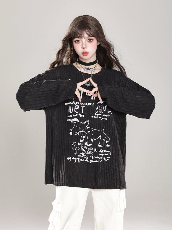 Loose Long Sleeve T-Shirt for Women - Cartoon Graffiti Design, Lightweight Summer Cover-Up, American Lazy Style, Sun Protection Outerwear
