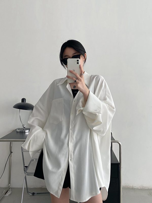 Loose Long Sleeve White Shirt for Women - Unique Sun Grapefruit Design, French Style, Perfect for Spring and Autumn Outerwear