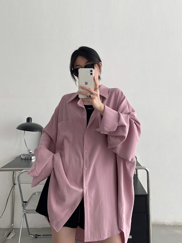 Loose Long Sleeve White Shirt for Women - Unique Sun Grapefruit Design, French Style, Perfect for Spring and Autumn Outerwear