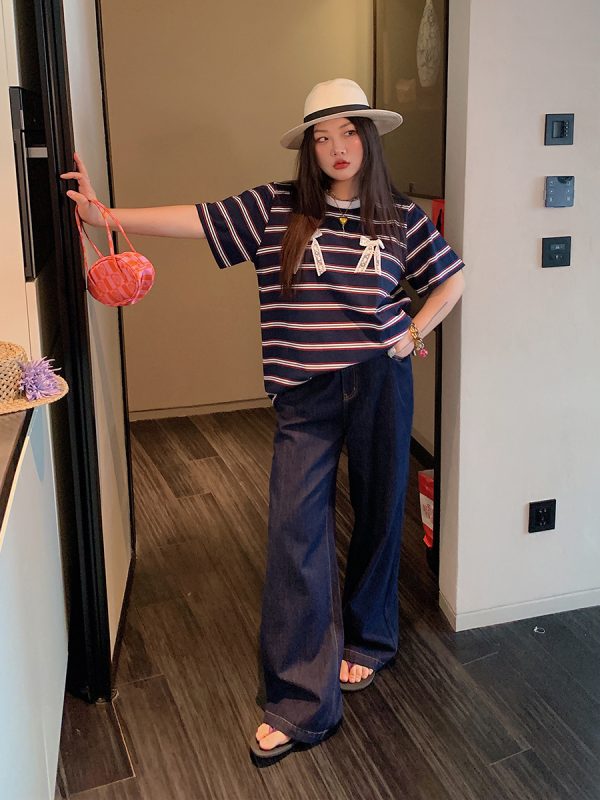 Loose Plus Size Bow Tie Striped T-Shirt for Women - Short Sleeve 2025 Spring Summer Fashion Top