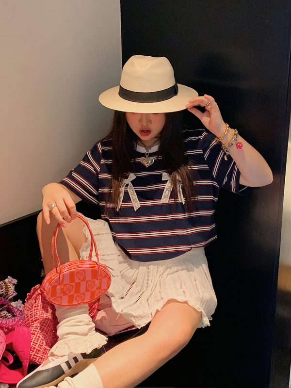 Loose Plus Size Bow Tie Striped T-Shirt for Women - Short Sleeve 2025 Spring Summer Fashion Top