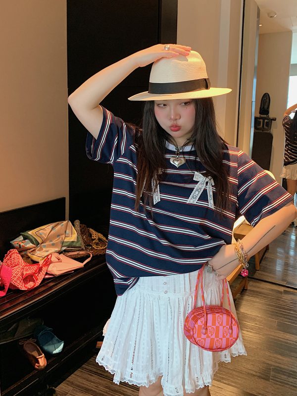 Loose Plus Size Bow Tie Striped T-Shirt for Women - Short Sleeve 2025 Spring Summer Fashion Top