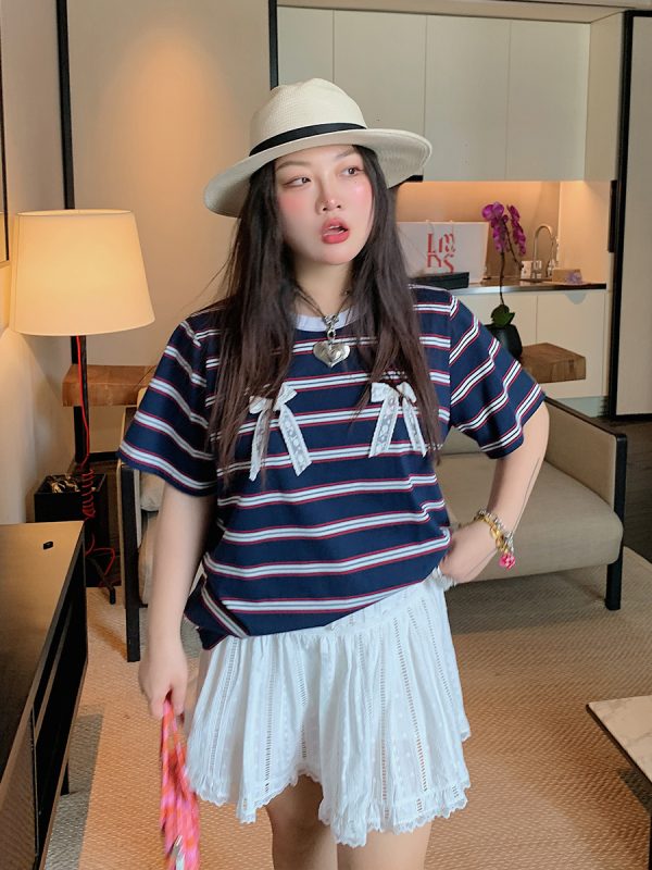 Loose Plus Size Bow Tie Striped T-Shirt for Women - Short Sleeve 2025 Spring Summer Fashion Top