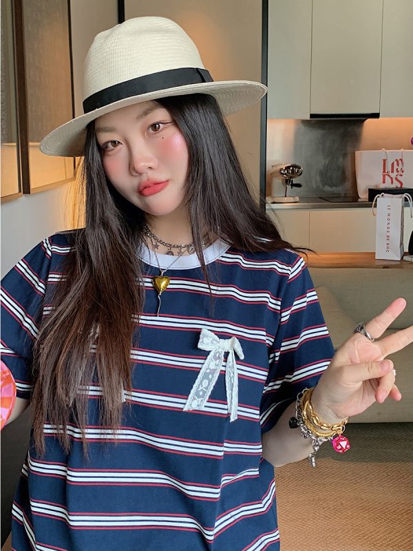 Loose Plus Size Bow Tie Striped T-Shirt for Women - Short Sleeve 2025 Spring Summer Fashion Top