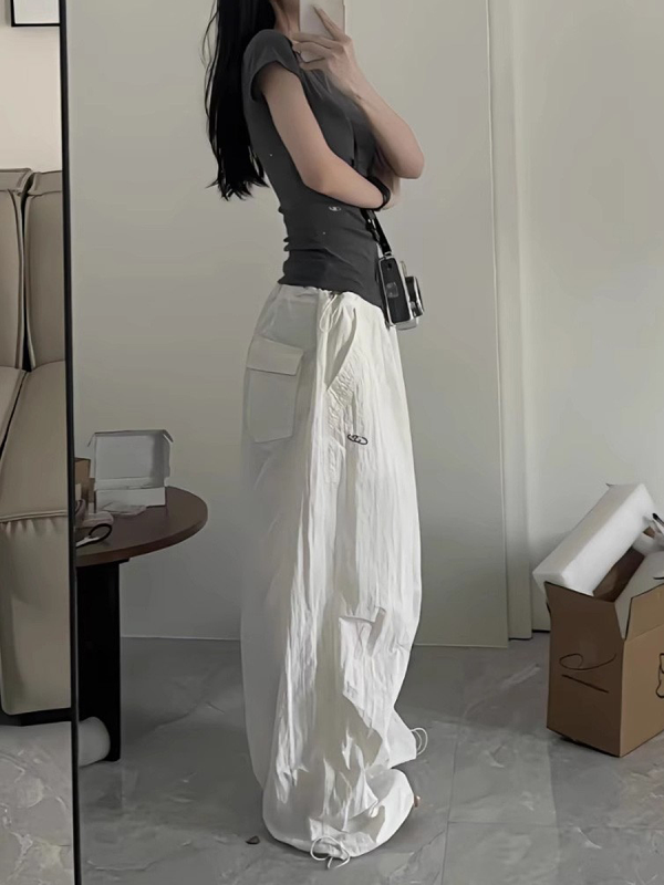 Loose Wide-Leg White Cargo Pants for Women - American Hip-Hop Style Jazz Dance Casual Sports Trousers with Slimming Drape