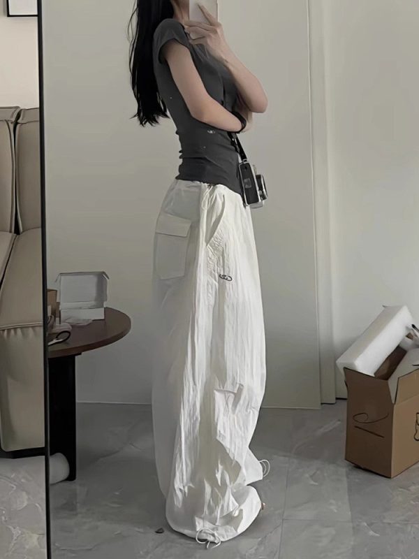 Loose Wide-Leg White Cargo Pants for Women - American Hip-Hop Style Jazz Dance Casual Sports Trousers with Slimming Drape
