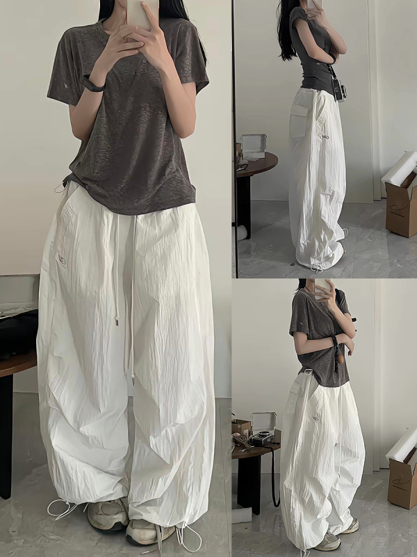 Loose Wide-Leg White Cargo Pants for Women - American Hip-Hop Style Jazz Dance Casual Sports Trousers with Slimming Drape