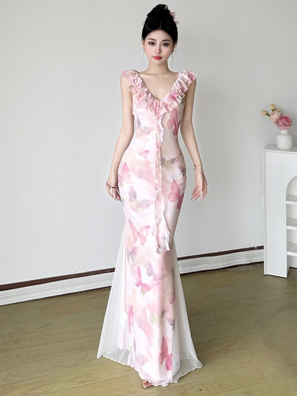 Low-Neck Fitted Butterfly Long Dress for Women - Rose Valley Vacation Style with Mesh Splicing, Perfect for Summer and Y2K Fashion
