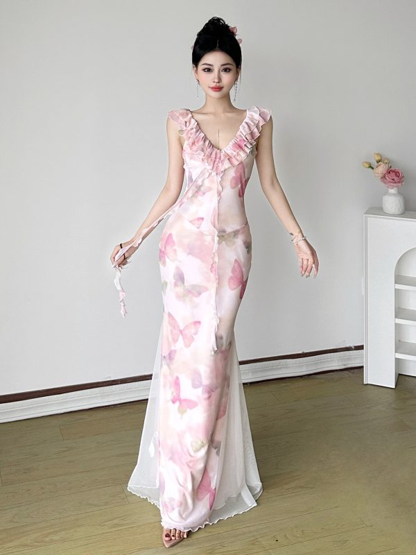 Low-Neck Fitted Butterfly Long Dress for Women - Rose Valley Vacation Style with Mesh Splicing, Perfect for Summer and Y2K Fashion