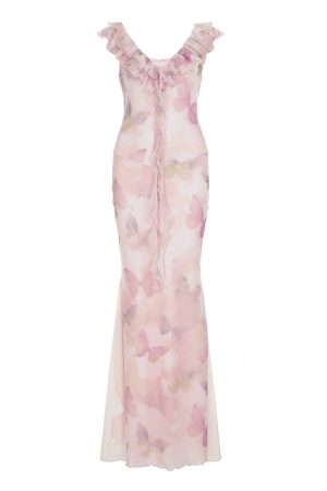 Low-Neck Fitted Butterfly Long Dress for Women - Rose Valley Vacation Style with Mesh Splicing, Perfect for Summer and Y2K Fashion
