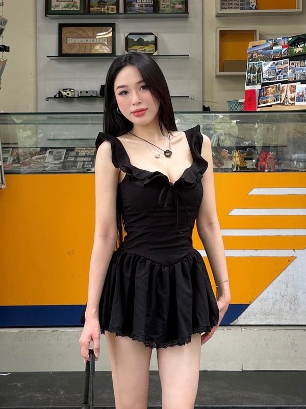 Low-Neck Little Black Dress for Women - Hepburn Style A-Line with Ruffled Hem, Lace Trim, and Pleated Short Skirt