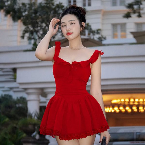 Low-Neck Little Black Dress for Women - Hepburn Style A-Line with Ruffled Hem, Lace Trim, and Pleated Short Skirt
