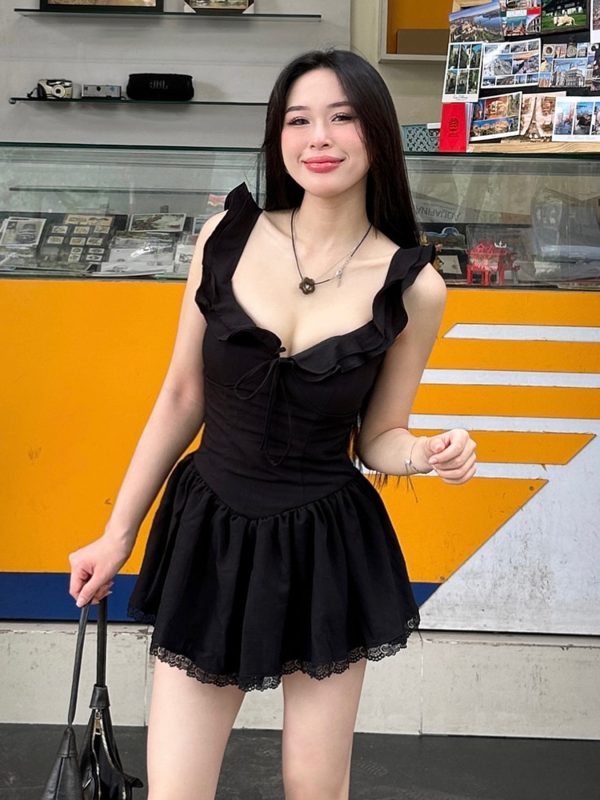 Low-Neck Little Black Dress for Women - Hepburn Style A-Line with Ruffled Hem, Lace Trim, and Pleated Short Skirt