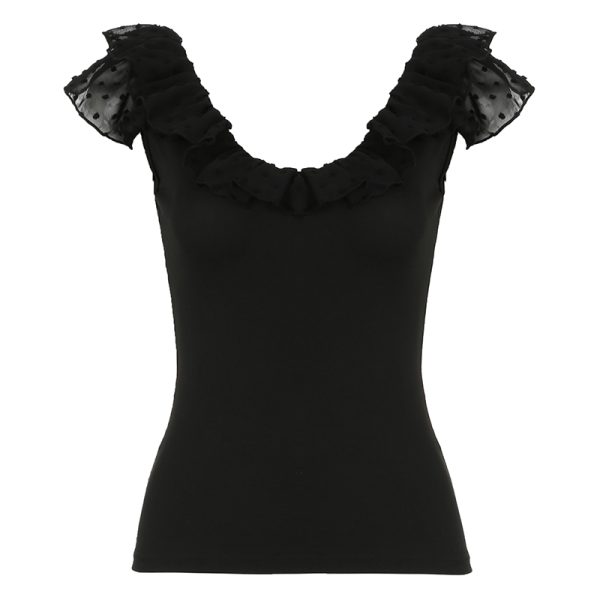 Low-Neck Ruffled Backless Short Tank Top for Women with Flutter Sleeves - Romantic French Vacation Style, Slim Fit