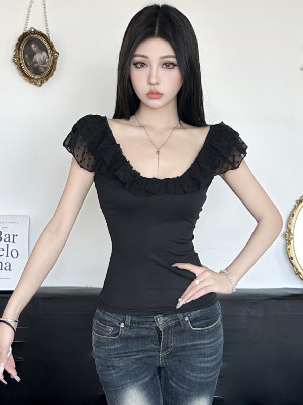 Low-Neck Ruffled Backless Short Tank Top for Women with Flutter Sleeves - Romantic French Vacation Style, Slim Fit