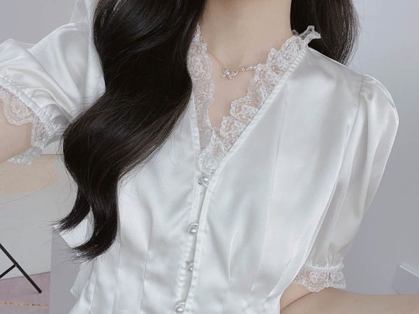 Luminous White Satin Summer Top for Women - V-Neck, Short Sleeves, Lace Trim, Pearl Buttons, Waist-Cinching French Style