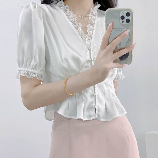 Luminous White Satin Summer Top for Women - V-Neck, Short Sleeves, Lace Trim, Pearl Buttons, Waist-Cinching French Style