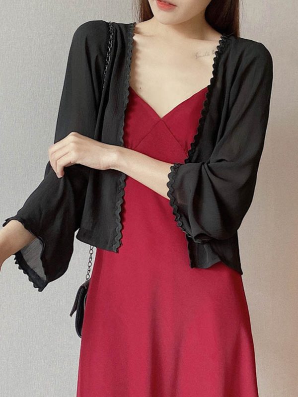 Lunar Crescent Lace Cardigan - Chiffon Sun Protection, Bell Sleeves, Draped Design, Slimming Short Jacket for Spring/Summer Women's Fashion
