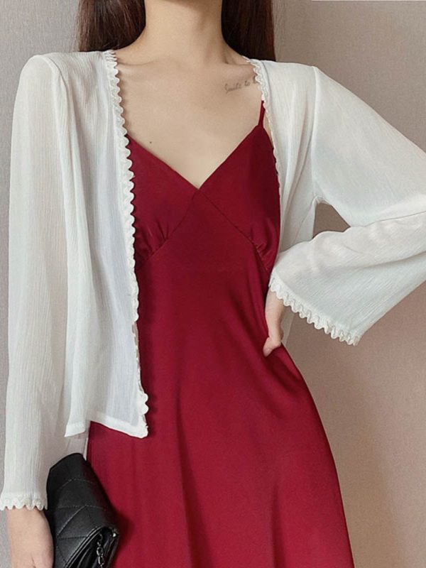 Lunar Crescent Lace Cardigan - Chiffon Sun Protection, Bell Sleeves, Draped Design, Slimming Short Jacket for Spring/Summer Women's Fashion